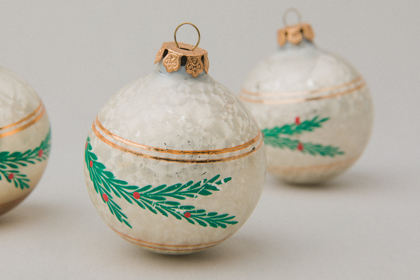 Vintage GLASS ORNAMENT with stripes and pine motif _ 1072