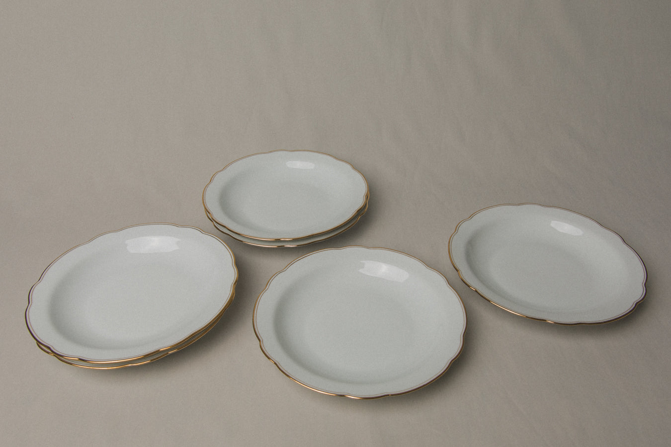 Set of six vintage porcelain SOUP PLATES with gold stripe _ 1245
