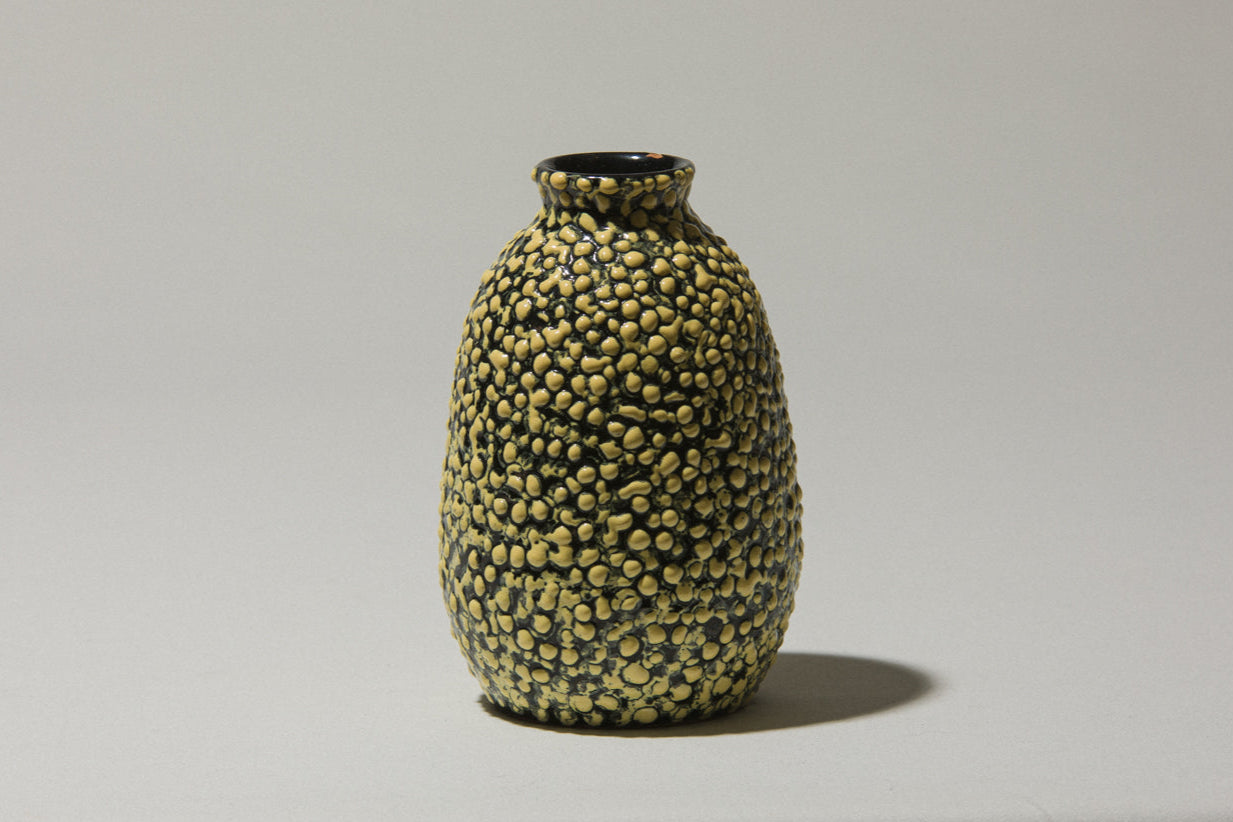 Ceramic oval VASE with yellow textured pea crackle glaze