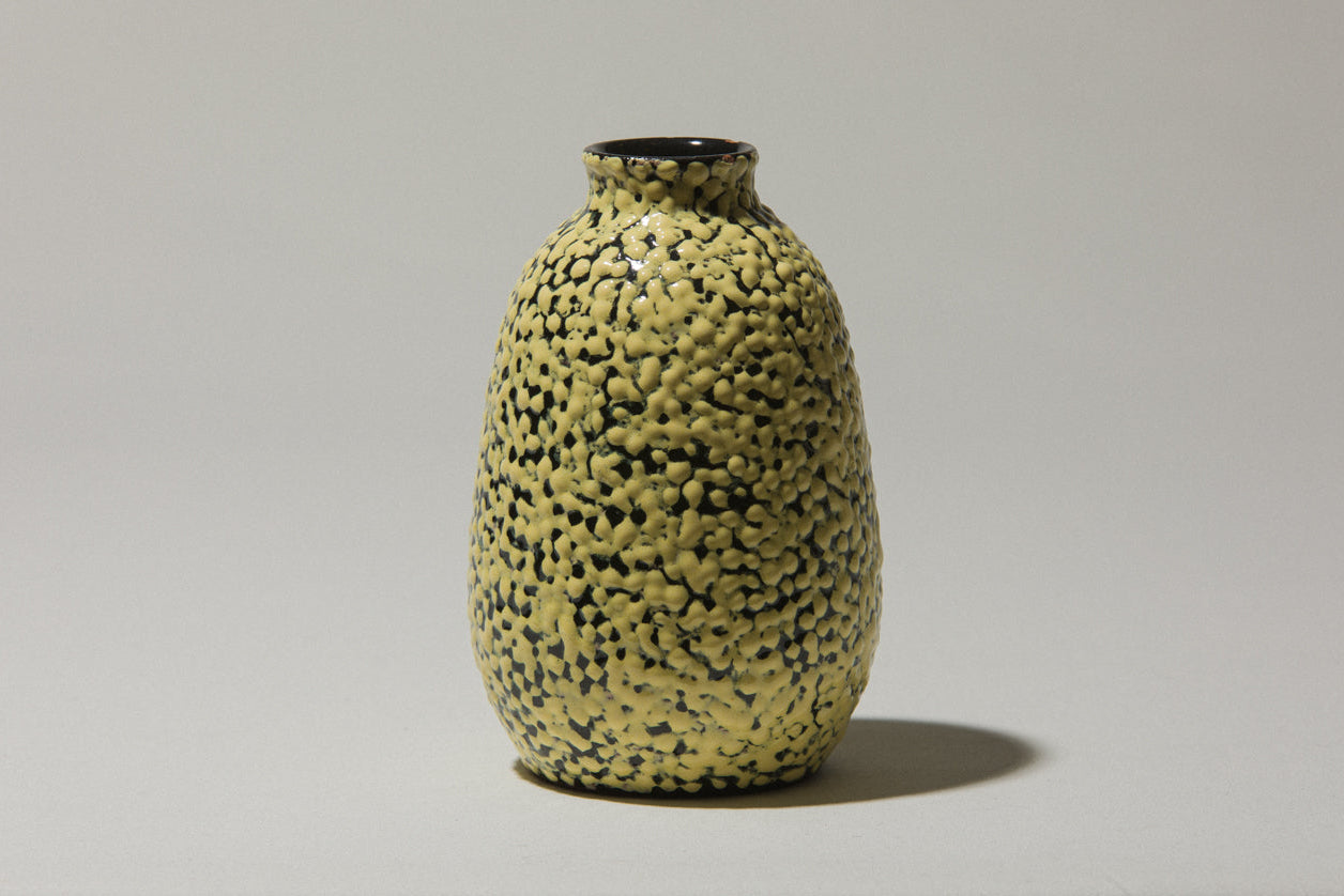 Ceramic oval VASE with yellow textured pea crackle glaze