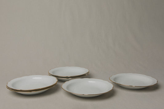 Set of six vintage porcelain SOUP PLATES with gold stripe _ 1245