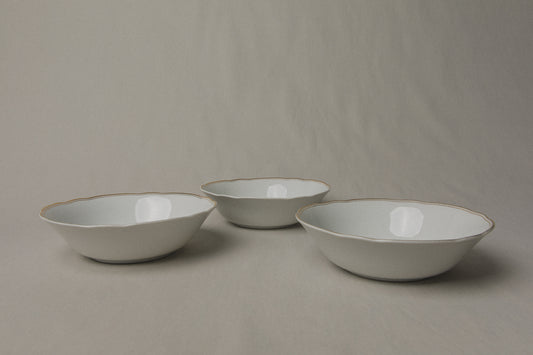 Set of three vintage porcelain SERVING BOWLS with gold stripe