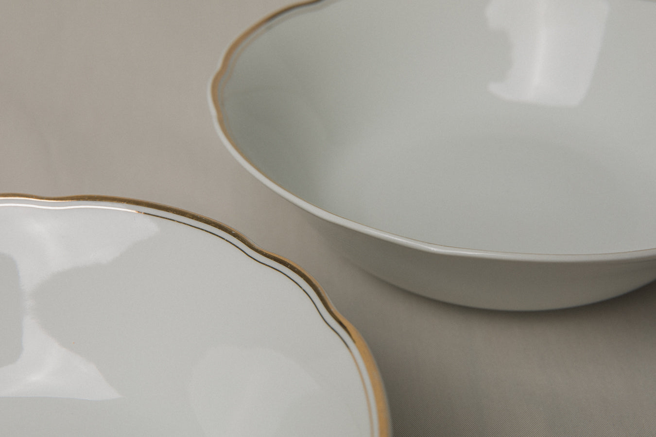 Set of three vintage porcelain SERVING BOWLS with gold stripe