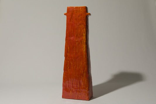 Orange rectangular VASE with handles by Béla Mihály