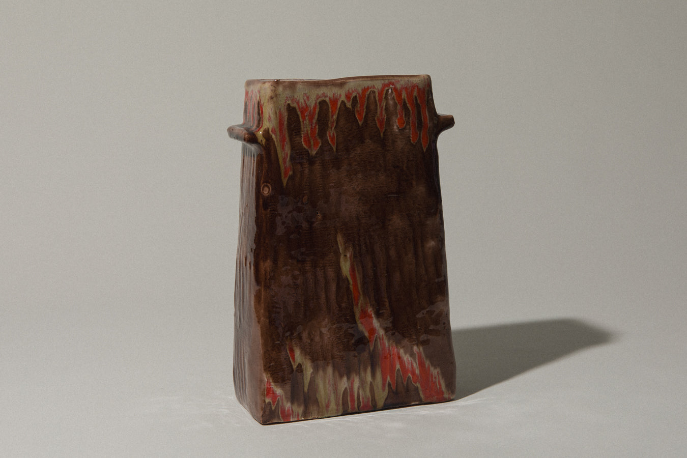 Brown rectangular VASE with Handles by Béla Mihály