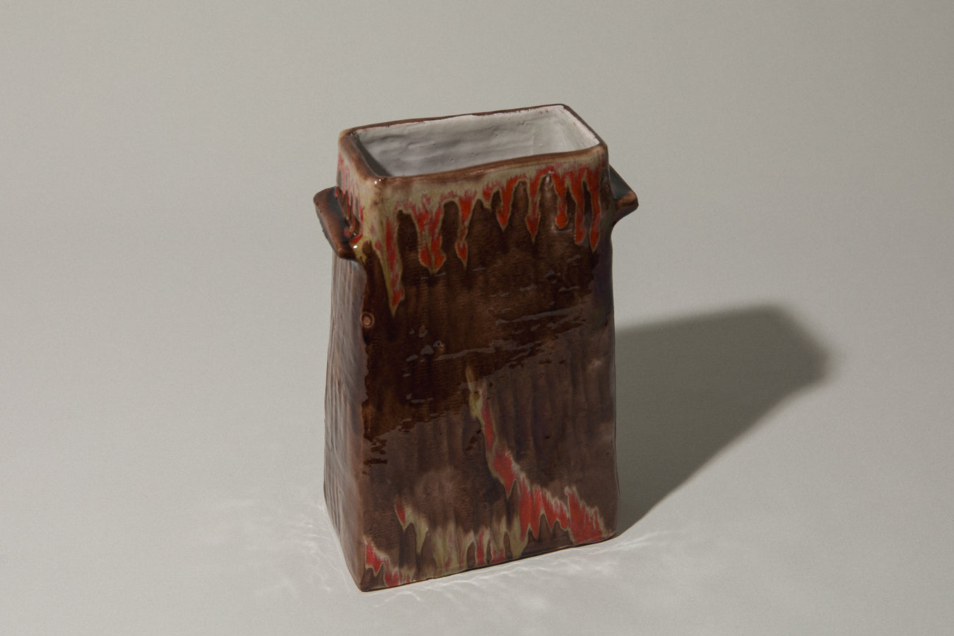 Brown rectangular VASE with Handles by Béla Mihály