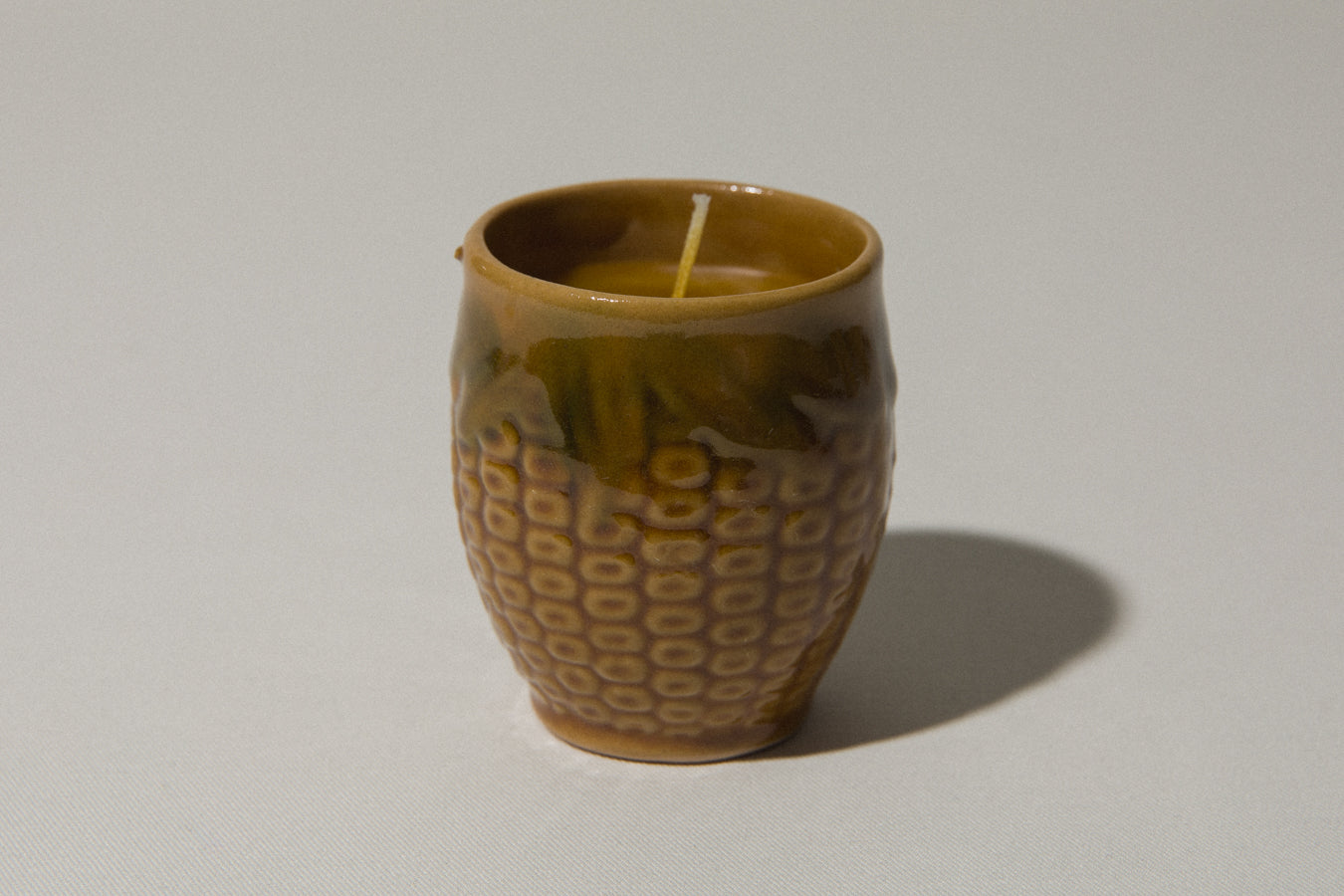 Beeswax CANDLE in corn-motif faience holder