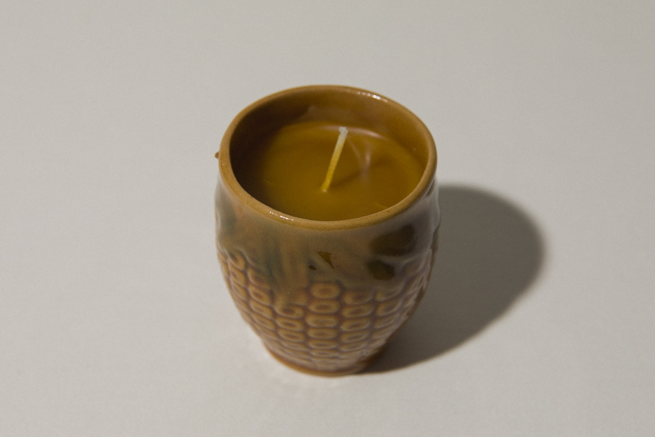 Beeswax CANDLE in corn-motif faience holder