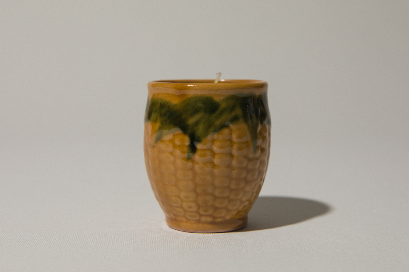 Beeswax CANDLE in corn-motif faience holder