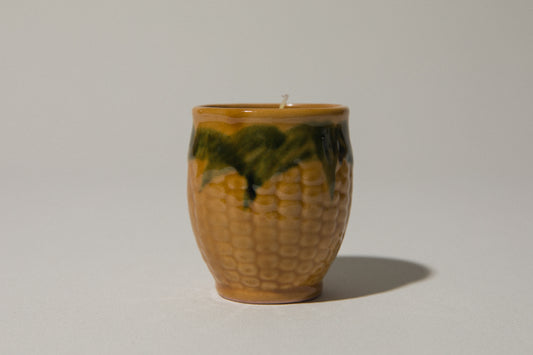 Beeswax CANDLE in corn-motif faience holder