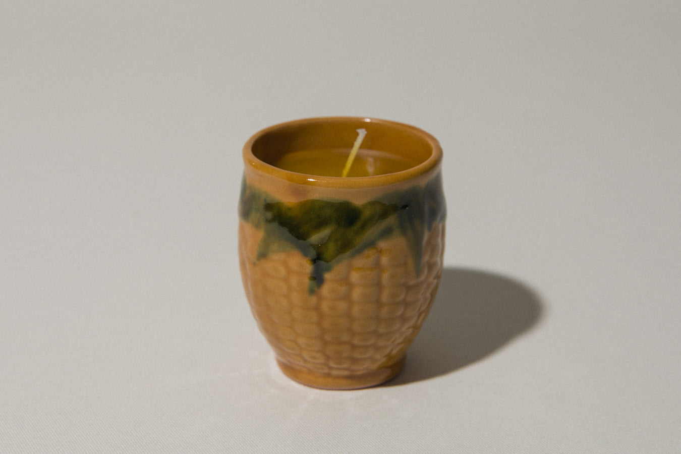 Beeswax CANDLE in corn-motif faience holder