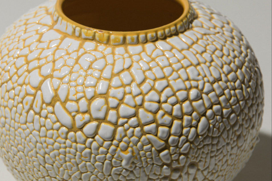 Ceramic sphere VASE with white textured crackle glaze