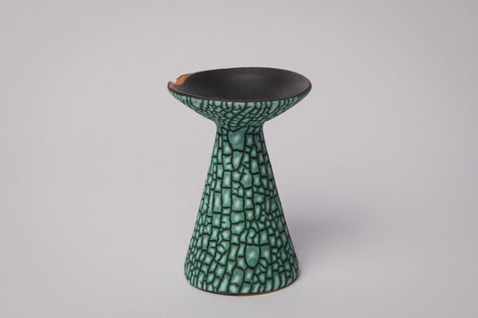 Ceramic CANDLE HOLDER with teal textured crackle glaze _ 1390