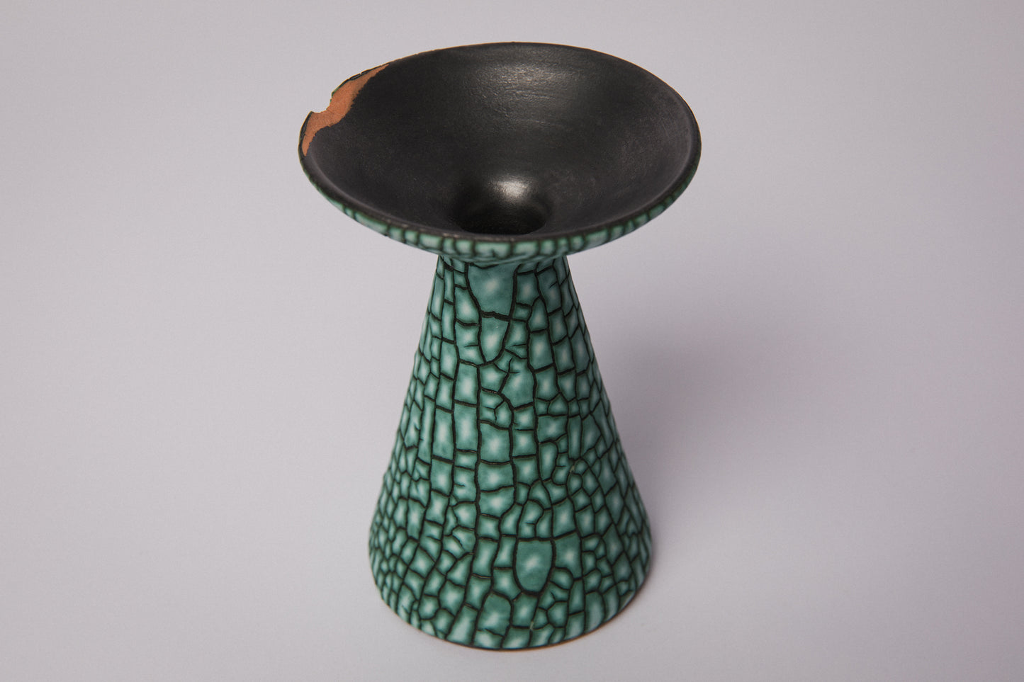 Ceramic CANDLE HOLDER with teal textured crackle glaze _ 1390