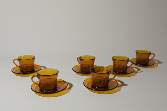 Set of six amber glass COFFEE CUP & SAUCER