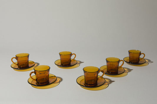 Set of six amber glass COFFEE CUP & SAUCER
