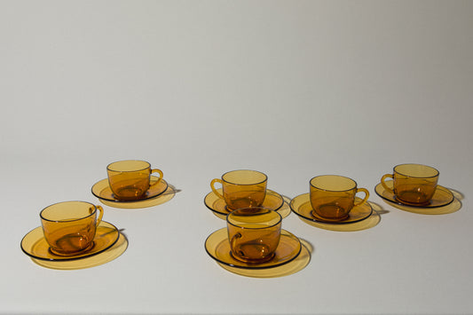 Set of six amber glass COFFEE CUP & SAUCER