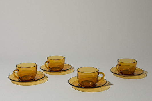 Set of four amber glass COFFEE CUP & SAUCER
